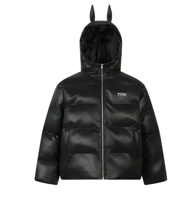 Devil Ears Leather Hoodie Jacket – Loose Fit showcasing devil ears and smooth black leather finish.