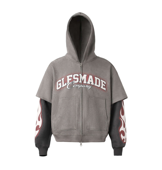 Faux Suede Print Zip-Up Hoodie – Loose Fit featuring a unique design and modern urban style for casual streetwear.