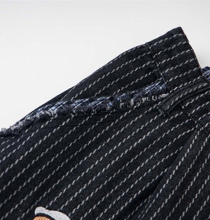 Retro Striped Embroidery Trousers - Loose Fit close-up showing fabric detail and embroidery accents.