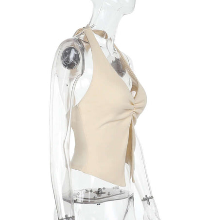 Image of a stylish Split Neck Suspender Top – Slim Fit on a mannequin showcasing its figure-enhancing design.
