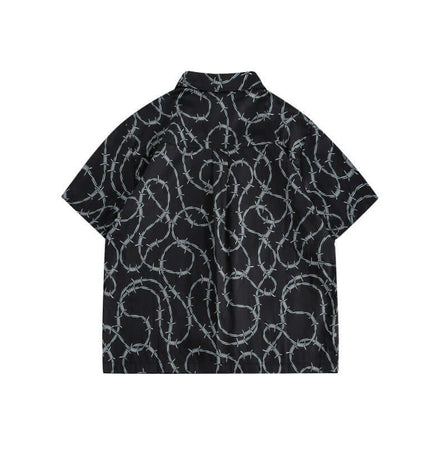 Striped Short Sleeve Shirt - Loose Fit with a unique barbed wire pattern on a black background.