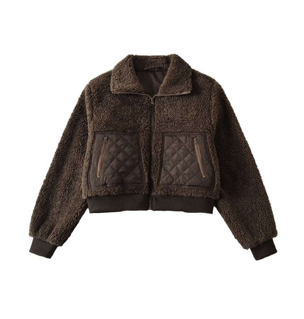 Winter Lamb Wool Quilted Cotton Jacket in brown, featuring quilted panels and a cozy lamb wool interior.