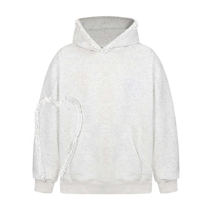 Model wearing Flower Gray heart shaped lace hooded sweatshirt by Grozavu