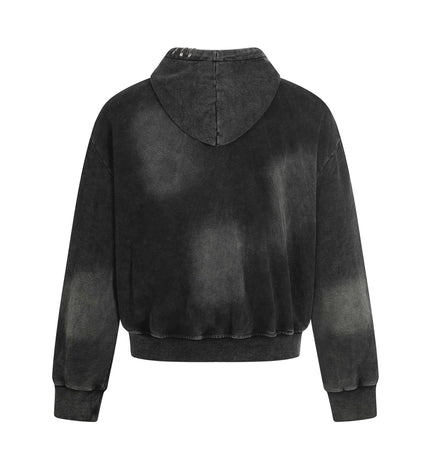 Retro Washed Zip Up Hoodie – Loose Fit back view showcasing the distressed black fabric and relaxed fit.