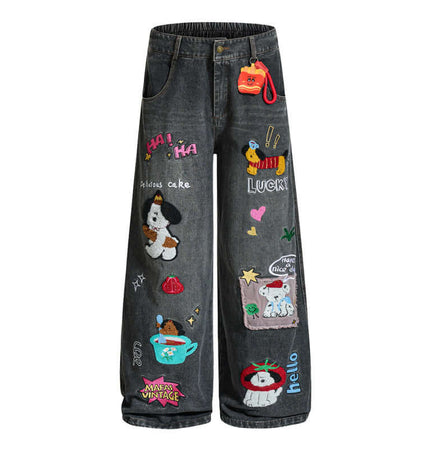 Cartoon Patch College Denim Pants featuring playful cartoon embroidery patches and a unique college style.