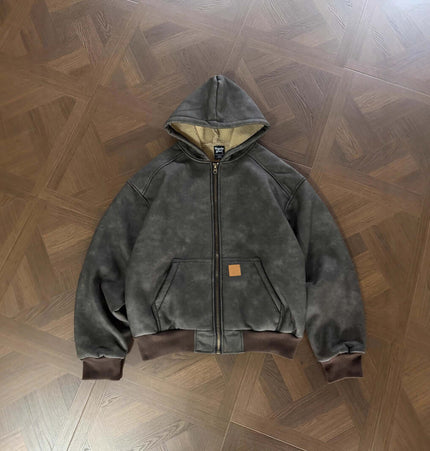 Thick Suede Hooded Jacket – Street Style shown on a wooden surface, featuring a retro design with a hood.