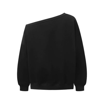 Back view of Slanted Shoulder Retro Graffiti Hoodie showcasing its unique slanted shoulder design.