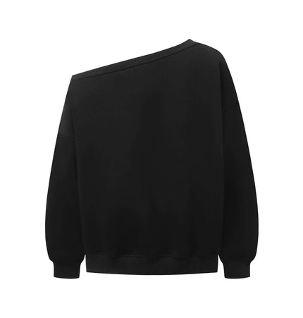 Back view of Slanted Shoulder Retro Graffiti Hoodie showcasing its unique slanted shoulder design.