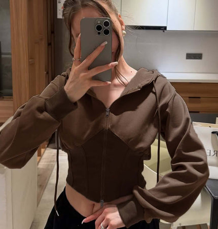 Solid Color Zip Hoodie – Casual Fit in brown, featuring a cropped design, full zipper, and hooded neckline.