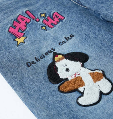 Cartoon Patch College Denim Pants featuring playful embroidered patches and fun designs on denim fabric.