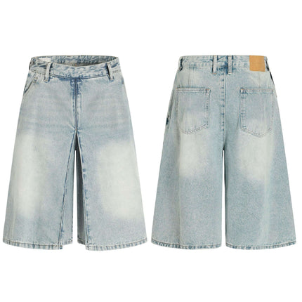 Washed Blue Denim Shorts – Loose Fit displayed from front and back, featuring a relaxed fit and vintage-inspired water-washed finish.