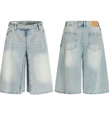 Washed Blue Denim Shorts – Loose Fit displayed from front and back, featuring a relaxed fit and vintage-inspired water-washed finish.