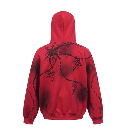 Distressed chain cross hoodie | Streetwear pullover hoodie | Unisex loose fit hoodie | Trendy cross print sweatshirt | Casual street style hoodie | Black and red hoodie