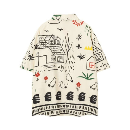 Cartoon Stripe Short Sleeve Shirt - Loose Fit featuring playful house and bird designs on a relaxed fit shirt.