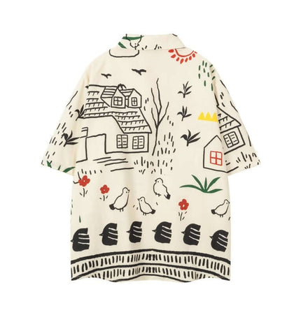 Cartoon Stripe Short Sleeve Shirt - Loose Fit featuring playful house and bird designs on a relaxed fit shirt.
