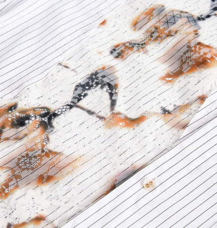 Flame Lace Patchwork Shirt – Loose Fit with artistic patchwork and burnt stripe pattern details.