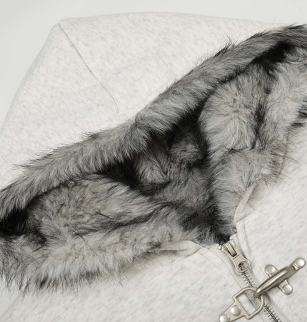 Close-up of the hood of a Velvet Hooded Jacket - Loose Fit with faux fur lining for added warmth and style.