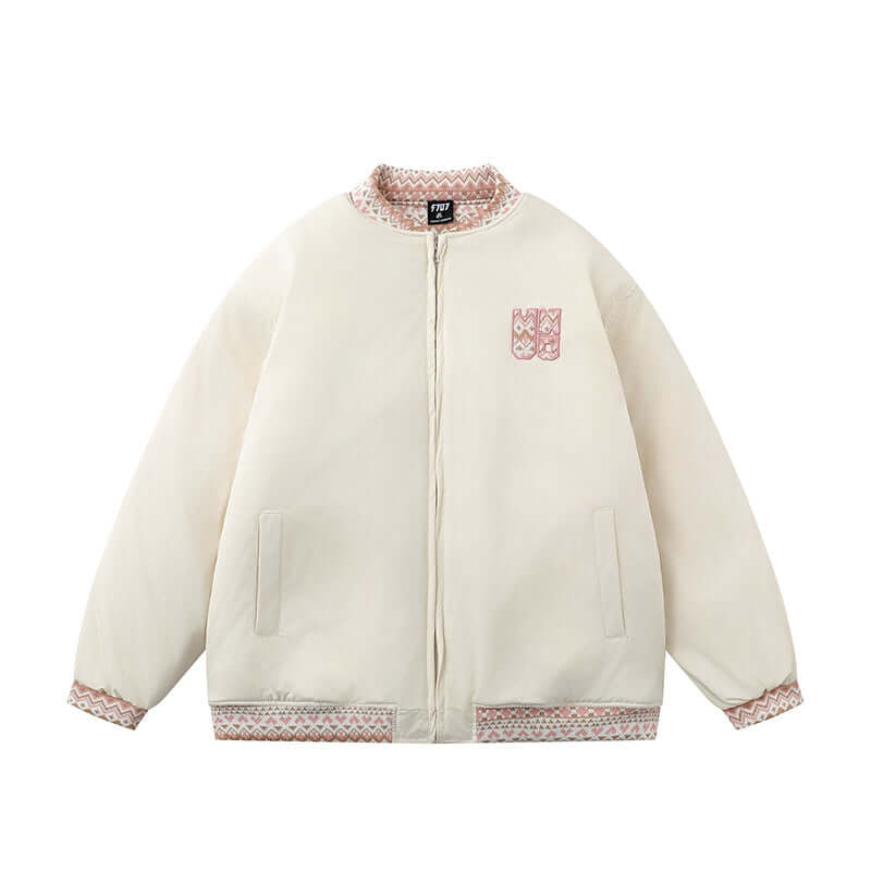 Model wearing Apricot cotton jacket paneled spliced by Grozavu