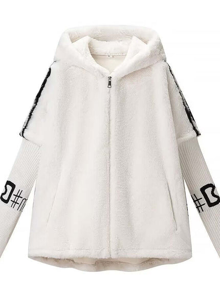 Model wearing White faux fur coat by Grozavu