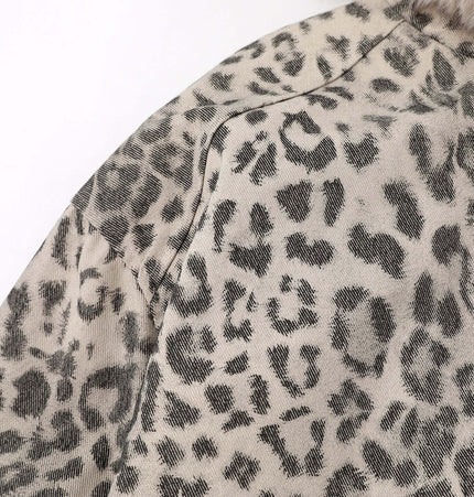 Leopard Print Velvet Jacket - Loose Fit close-up showing the leopard print pattern and wool collar detail.