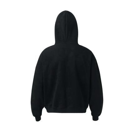 Back view of the Faux Suede Printed Hoodie – Loose Fit showcasing its structured design and casual style.