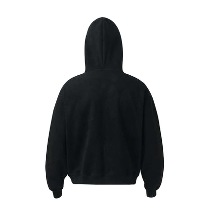 Back view of the Faux Suede Printed Hoodie – Loose Fit showcasing its structured design and casual style.