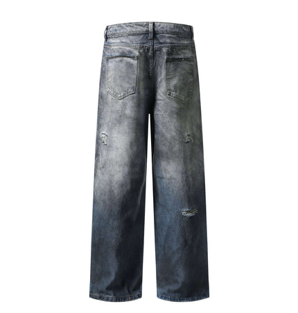 Washed Distressed Denim Pants showcasing a faded design with straight leg fit and distressed details.