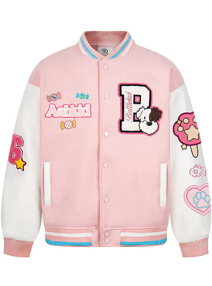 Model wearing Brown letter embroidery color blocked coat by Grozavu