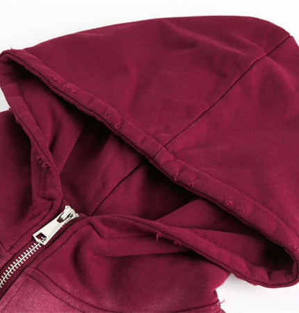 Half-Zip Printed Hoodie – Loose Fit hood detail showcasing the vibrant burgundy color and half-zip closure.