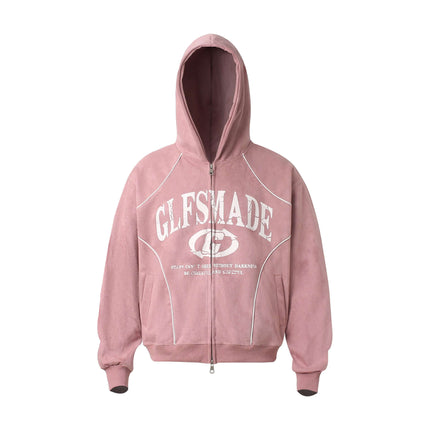 Faux Suede Printed Hoodie – Loose Fit in pink with zip and printed design, perfect for casual streetwear style.