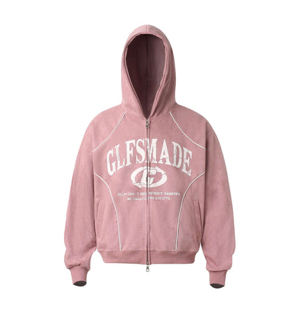Faux Suede Printed Hoodie – Loose Fit in pink with zip and printed design, perfect for casual streetwear style.