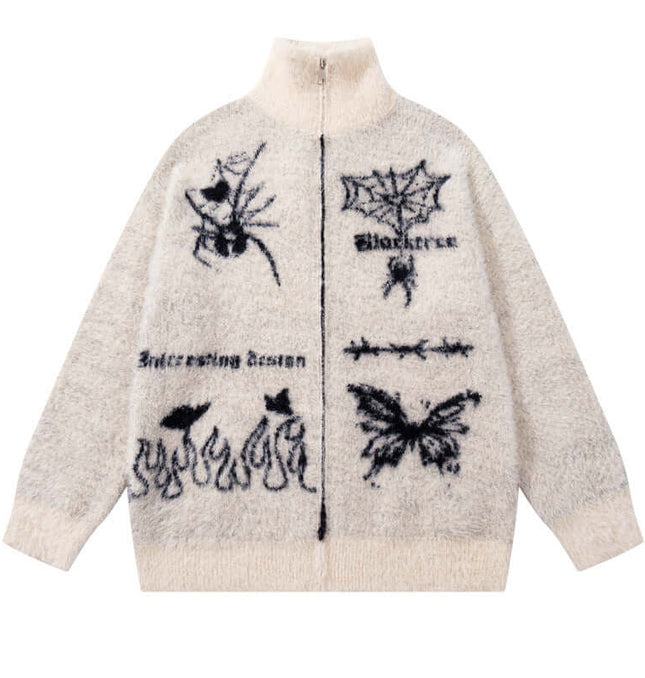 Casual Butterfly Spider Jacquard Cardigan featuring artistic spider and butterfly designs in stylish knit.