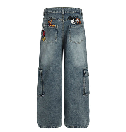 Casual Embroidered Denim Cropped Pants featuring playful cartoon embroidery on back pockets.