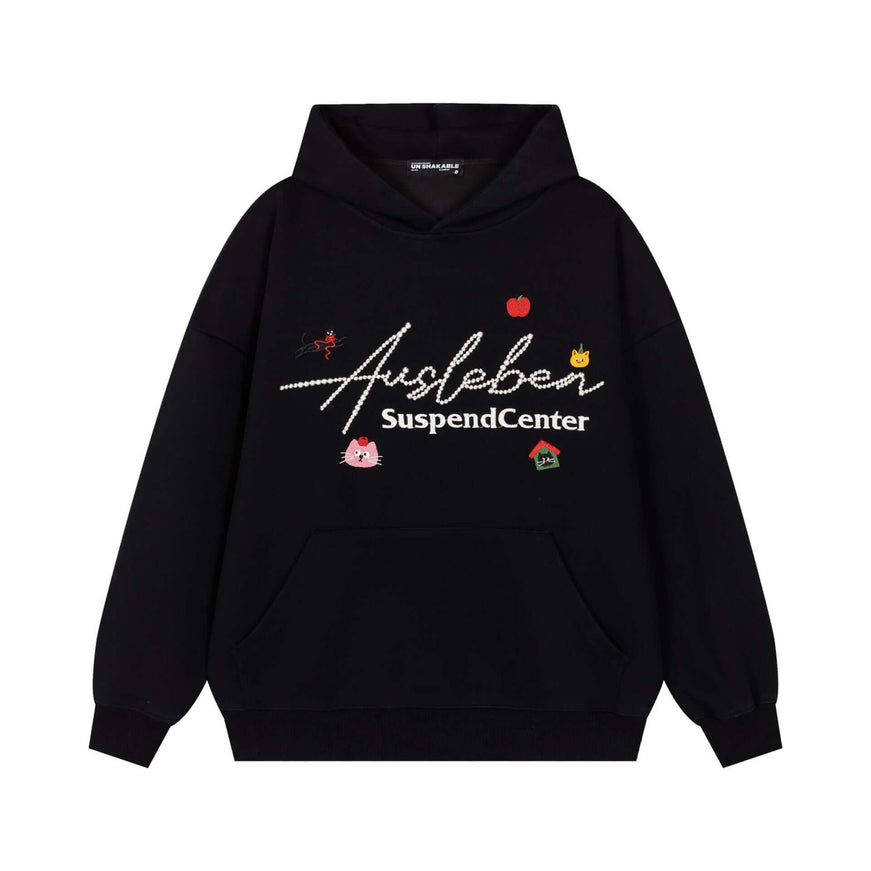 Model wearing Black embroidered cat hooded sweatshirt by Grozavu