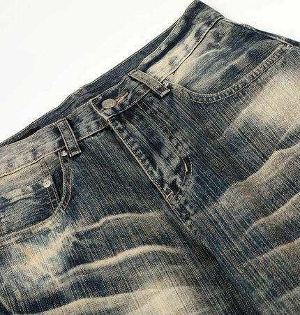 Bamboo Texture Denim Pants - Loose Fit showcasing unique bamboo-textured washed finish and relaxed silhouette.