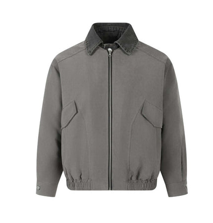 Workwear Cotton Jacket - Loose Fit in grey with flip collar and front pockets for a classic workwear look.