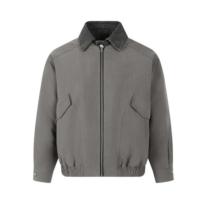 Workwear Cotton Jacket - Loose Fit in grey with flip collar and front pockets for a classic workwear look.