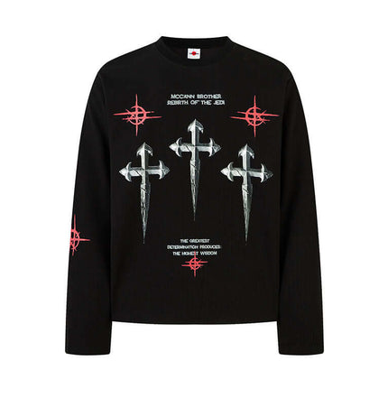 Casual Loose Waffle Knit Top featuring a unique design with silver crosses and red accents on a black background.