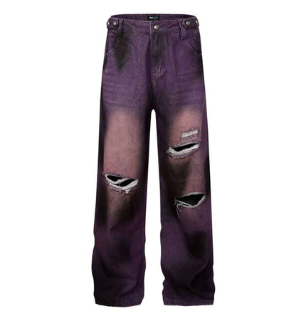 Distressed Patchwork Wide-Leg Denim Pants featuring a bold tie-dye pattern and distressed details for a vintage-inspired look.