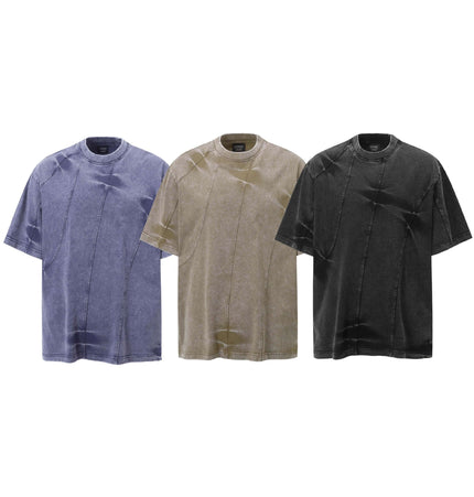 Retro Tie-Dye Spliced TShirt – Loose Fit in blue, beige, and black, showcasing unique color-blocking and relaxed design.