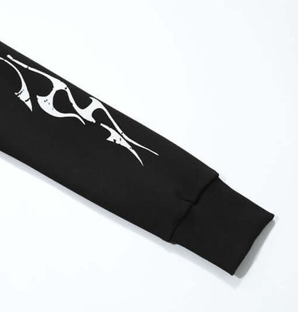 Vintage Gothic Zip-Up Hoodie – Slim Fit sleeve detail with bold printed design on a black background.