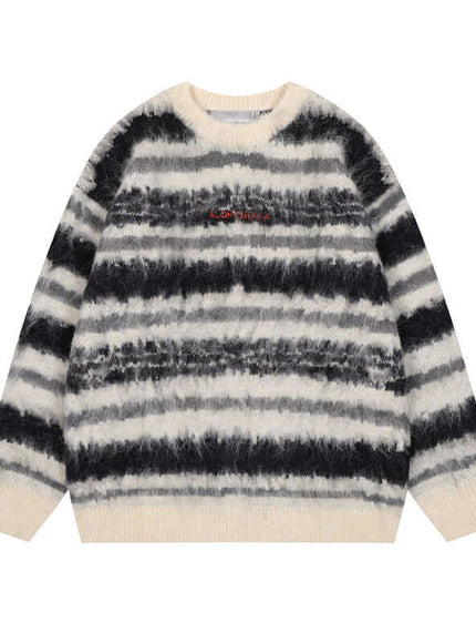 Model wearing Black stripe crewneck knitwear mohair sweater by Grozavu