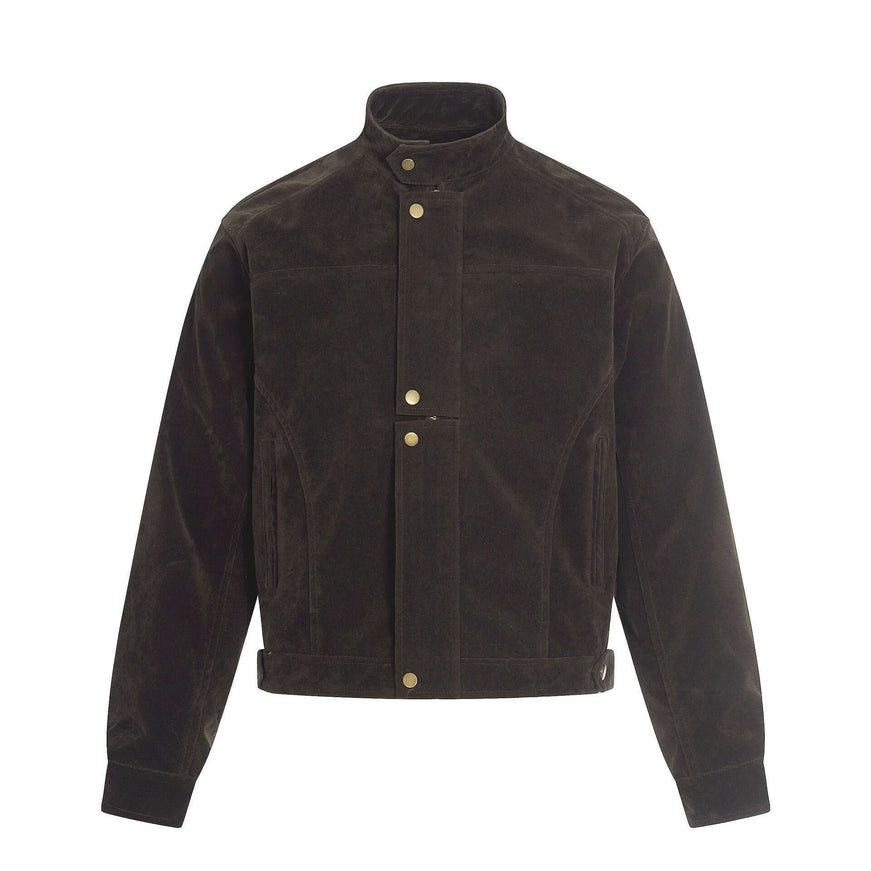 Back view of Dark Brown stand collar solid color front by Grozavu