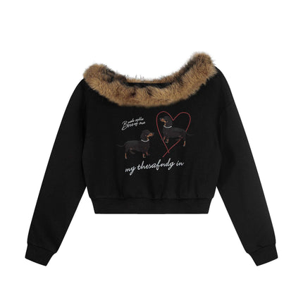 Retro Dachshund Hoodie - Loose Fit featuring fur collar and playful vintage dachshund graphic on black fabric.