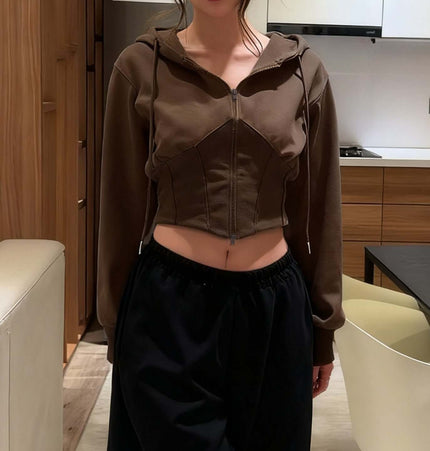 Solid Color Zip Hoodie – Casual Fit featuring a stylish brown cropped design and comfortable hood for everyday wear.