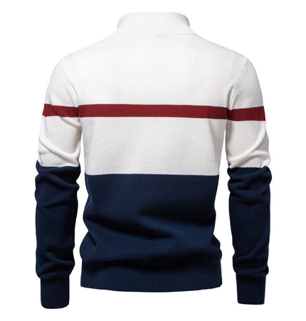 Stand Collar Half-Zip Knit Sweater with color-blocked design in white, red, and navy blue.