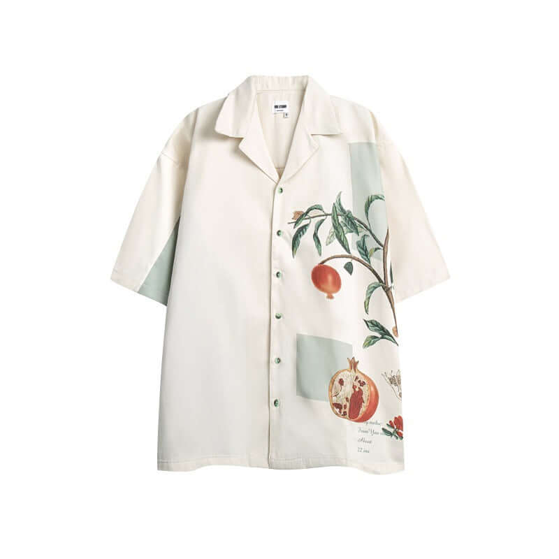 Model wearing Apricot pomegranate print contrasting shirt by Grozavu