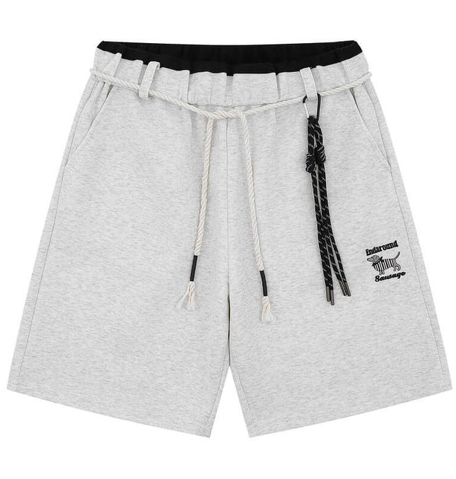 Straight Leg Drawstring Shorts – Loose Fit in light grey with adjustable drawstrings and modern print.