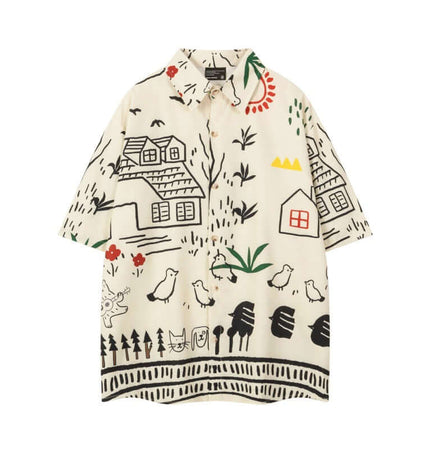 Cartoon Stripe Short Sleeve Shirt - Loose Fit featuring playful cartoon patterns and a relaxed, comfy style.