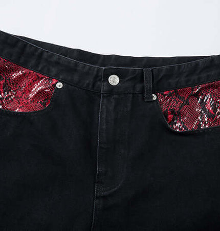 Patchwork Straight Jeans – Loose Fit close-up showcasing snake pattern spliced denim pockets and modern fit.
